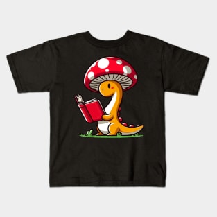 Kawaii simple Mushroom Hat Dinosaur Brontosaurus Reading Book Kids T-Shirt
